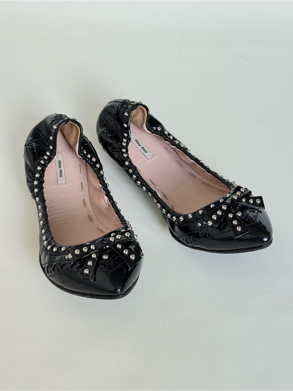 Miu Miu Black Patent Leather Point Toe Studded Ballet Flats with Bow - Size 36